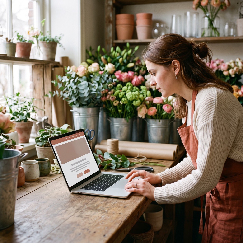 Bloemist in haar winkel bekijkt de eigen website op een laptop op de toonbank