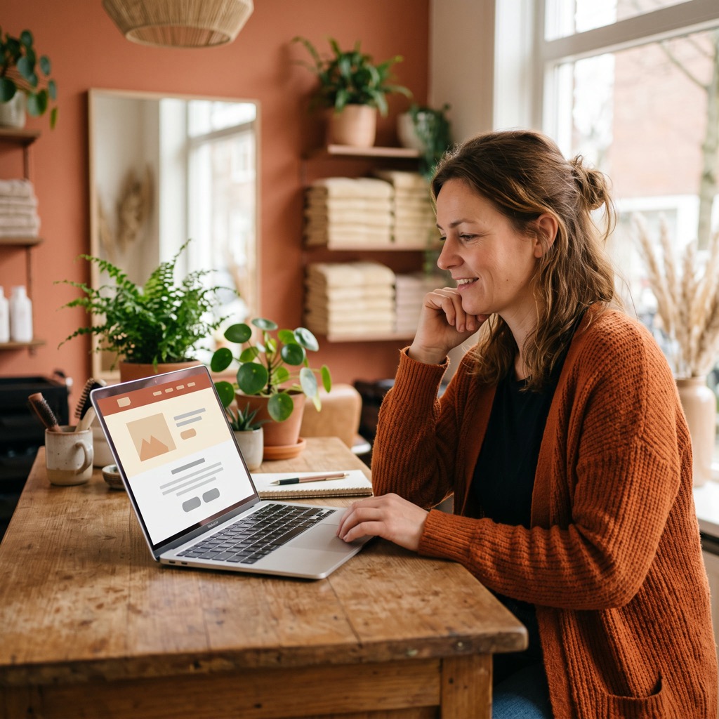 Onderneemster achter de balie van haar salon bekijkt haar eigen website op een laptop