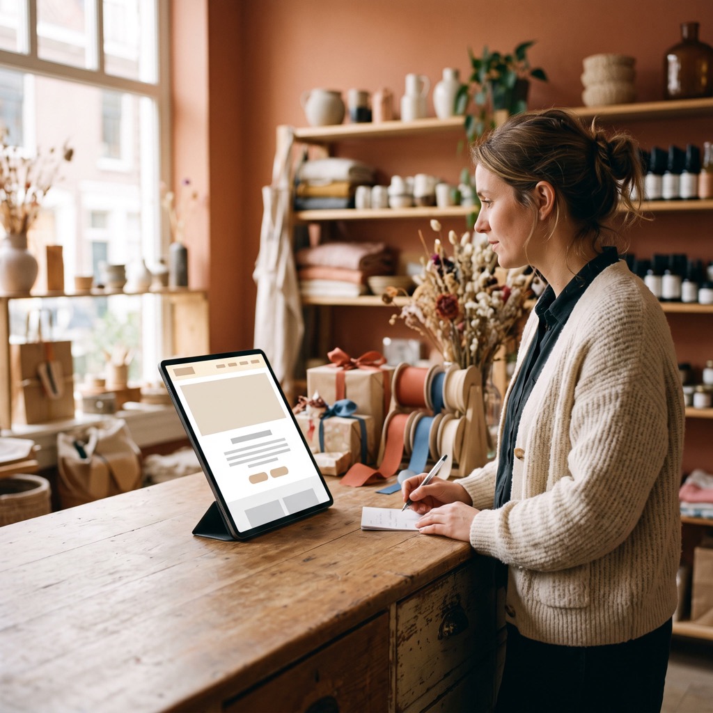Winkelier bekijkt een actiebanner op de eigen website via een tablet in de winkel.