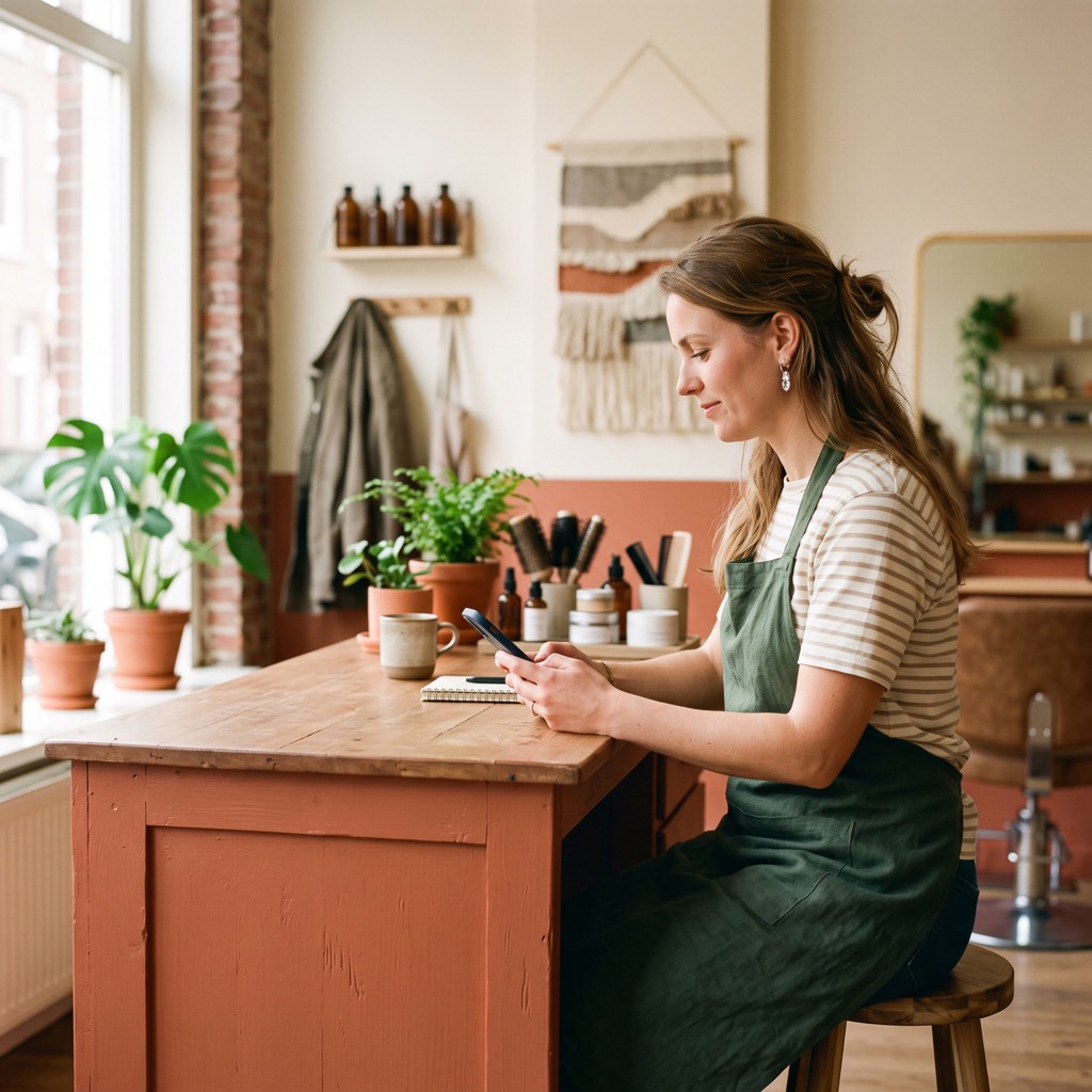 Ondernemer die tussen de bedrijvigheid door haar telefoon checkt in een kleine salon