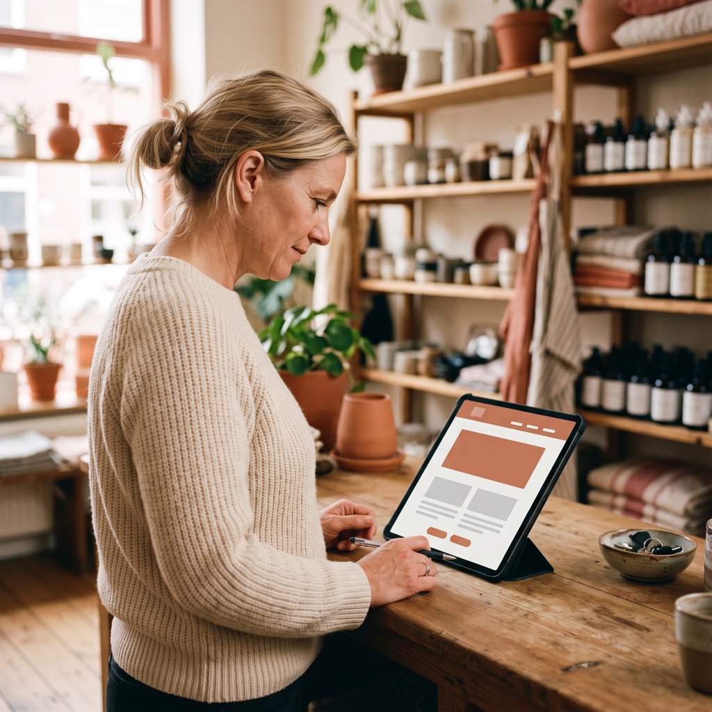 Winkelier bekijkt de eigen website op een tablet achter de toonbank