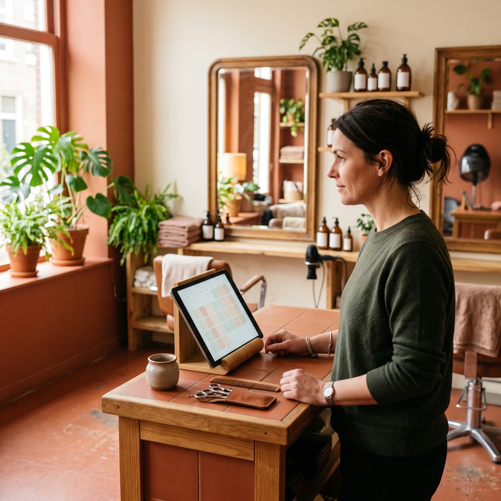 Kapster kijkt in haar salon naar een tablet met de afsprakenagenda op de toonbank