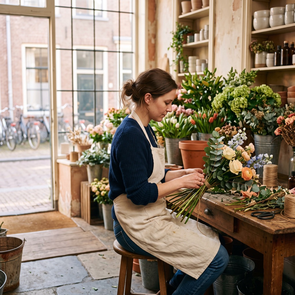 Bloemist van opzij aan een houten werktafel in haar winkel, met emmers bloemen en warm ochtendlicht door de etalage