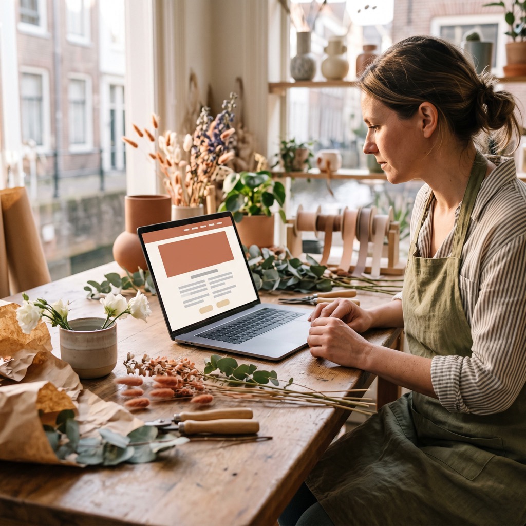 Bloemist bekijkt de eigen website op een laptop in de werkplaats