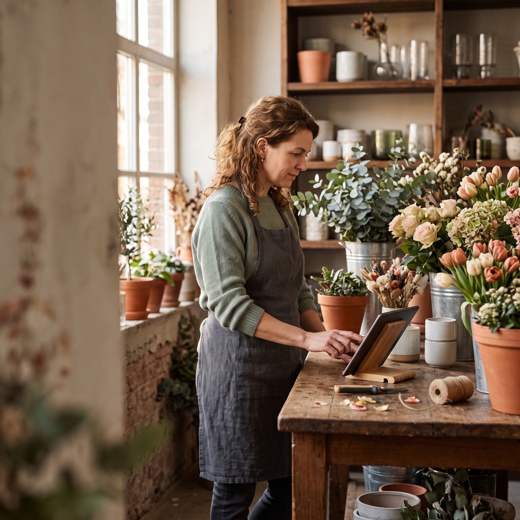 Bloemiste bekijkt een tablet aan haar werkbank in de winkel, met emmers bloemen om haar heen