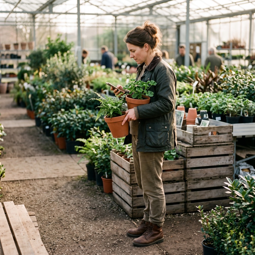 Hovenier bekijkt van opzij zijn telefoon tussen potplanten in een kwekerij
