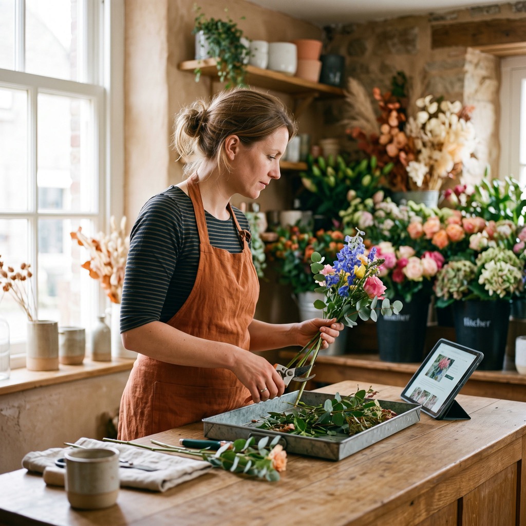 Bloemist aan een houten werkbank snijdt stelen bij, met een tablet naast zich in de winkel