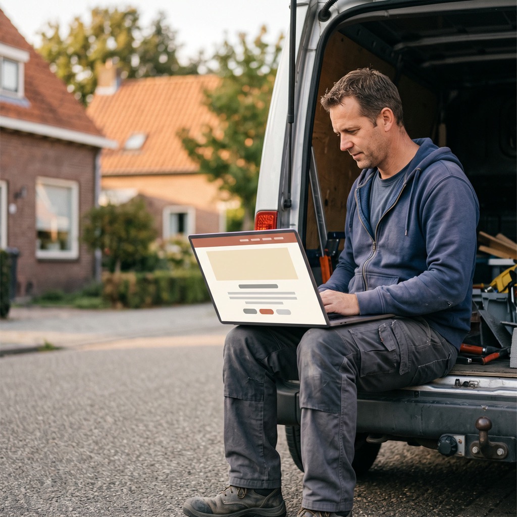 Vakman zit op de laadklep van zijn bus en bekijkt zijn eigen website op een laptop