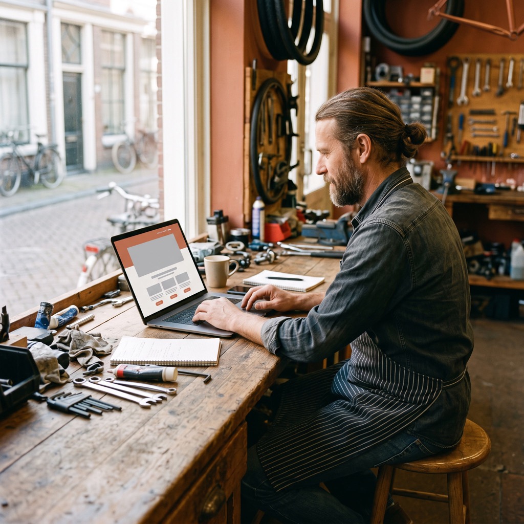 Ondernemer in een fietsenwerkplaats bekijkt van opzij zijn eigen website op een laptop op de toonbank