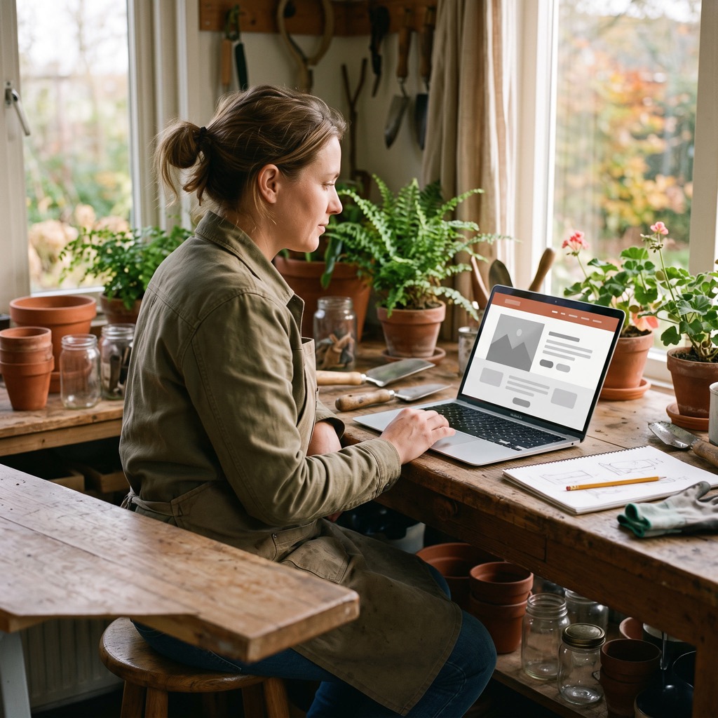 Hovenier aan een houten werktafel bekijkt zijn eigen website op een laptop, met plantenpotten en gereedschap om zich heen