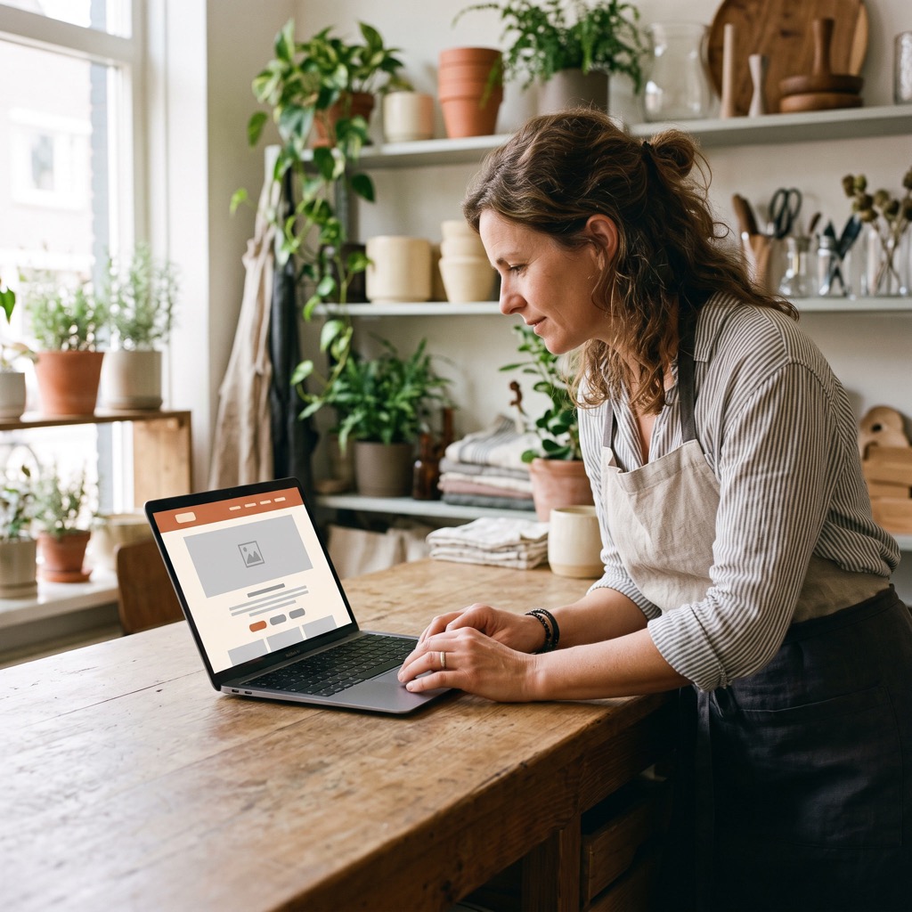 Ondernemer bekijkt haar eigen website op een laptop in een zonnige werkplaats