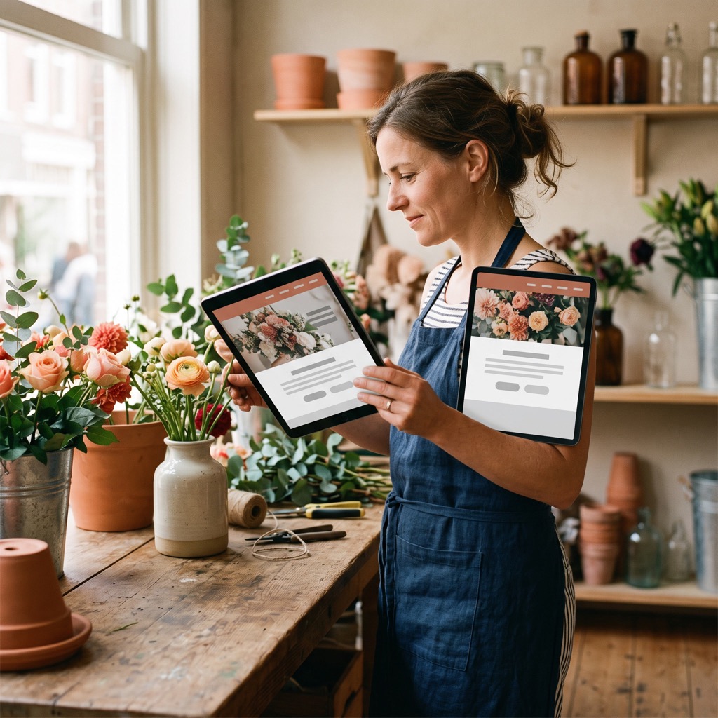 Bloemist in de winkel bekijkt de eigen website op een tablet