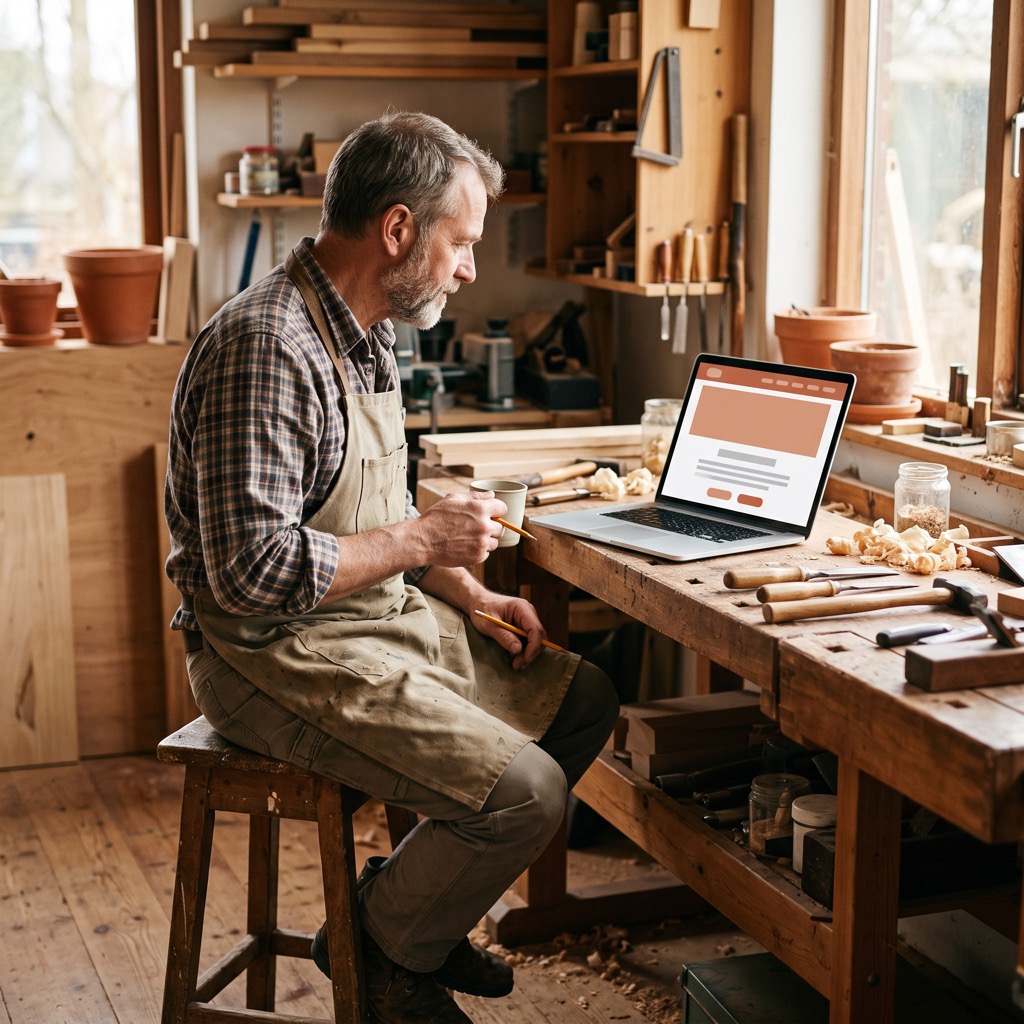 Meubelmaker in een werkplaats bekijkt de eigen website op een laptop