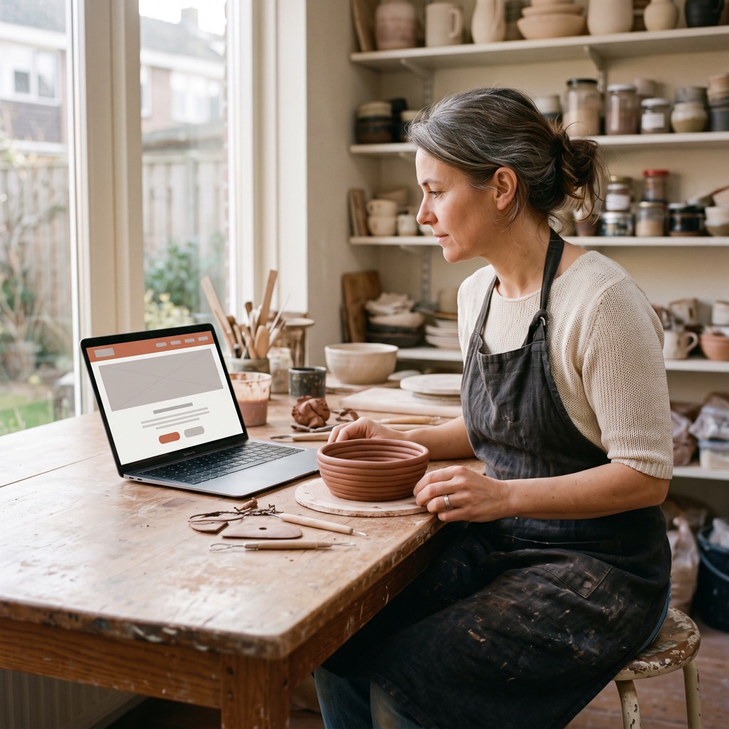 Ondernemer in haar keramiekwerkplaats bekijkt haar eigen website op een laptop op de werktafel