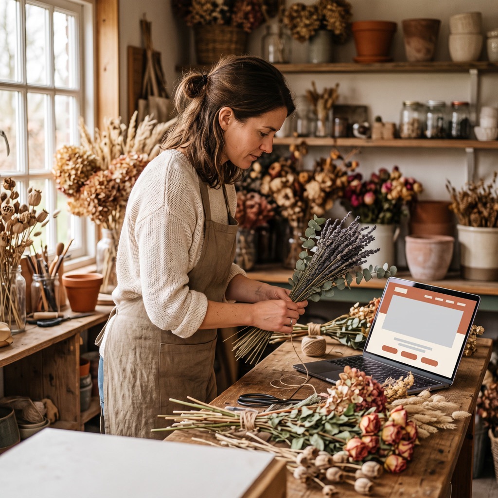 Bloemist aan een houten werkbank bekijkt de eigen website op een laptop naast gedroogde bloemen