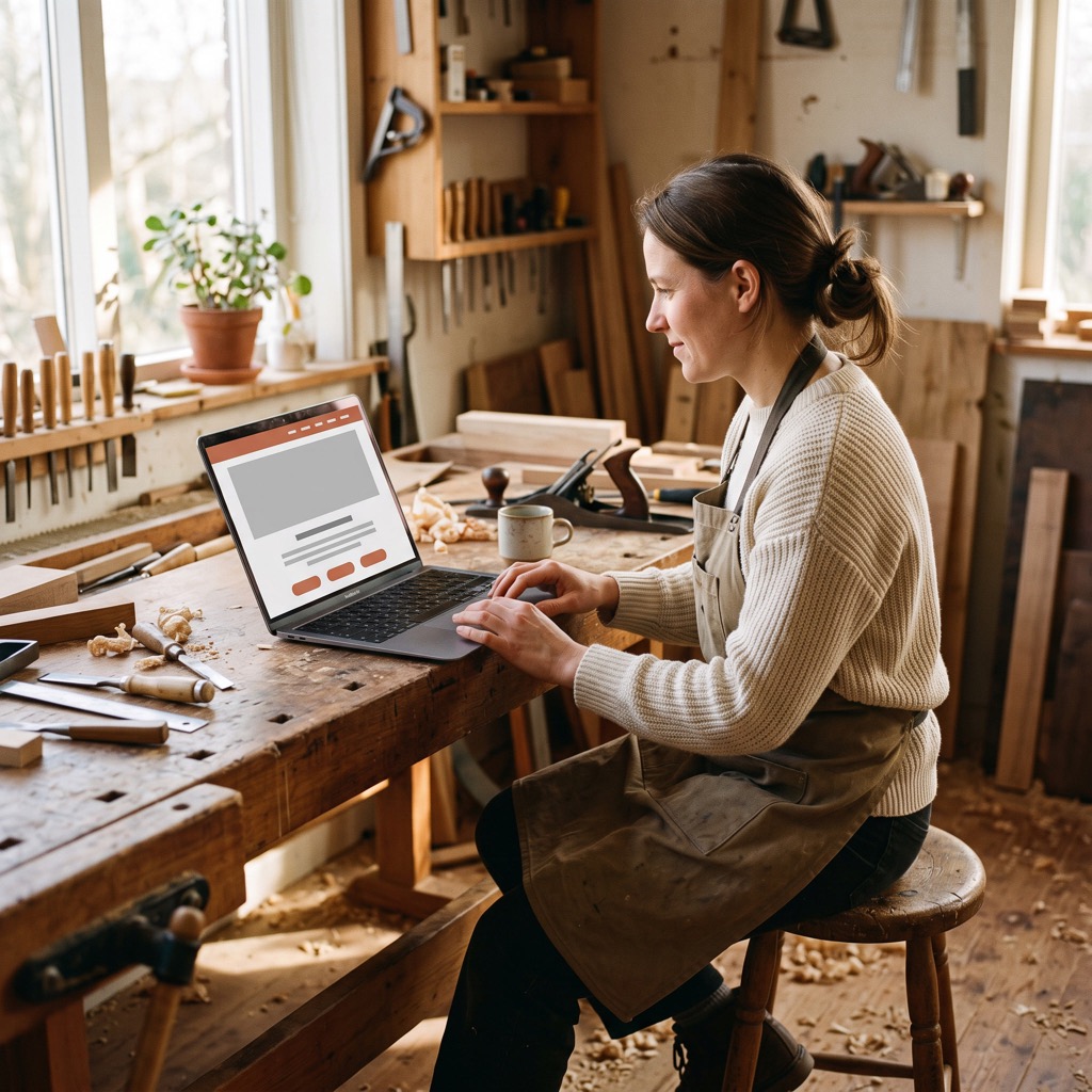 Vakvrouw in haar werkplaats bekijkt haar eigen website op een laptop naast de werkbank