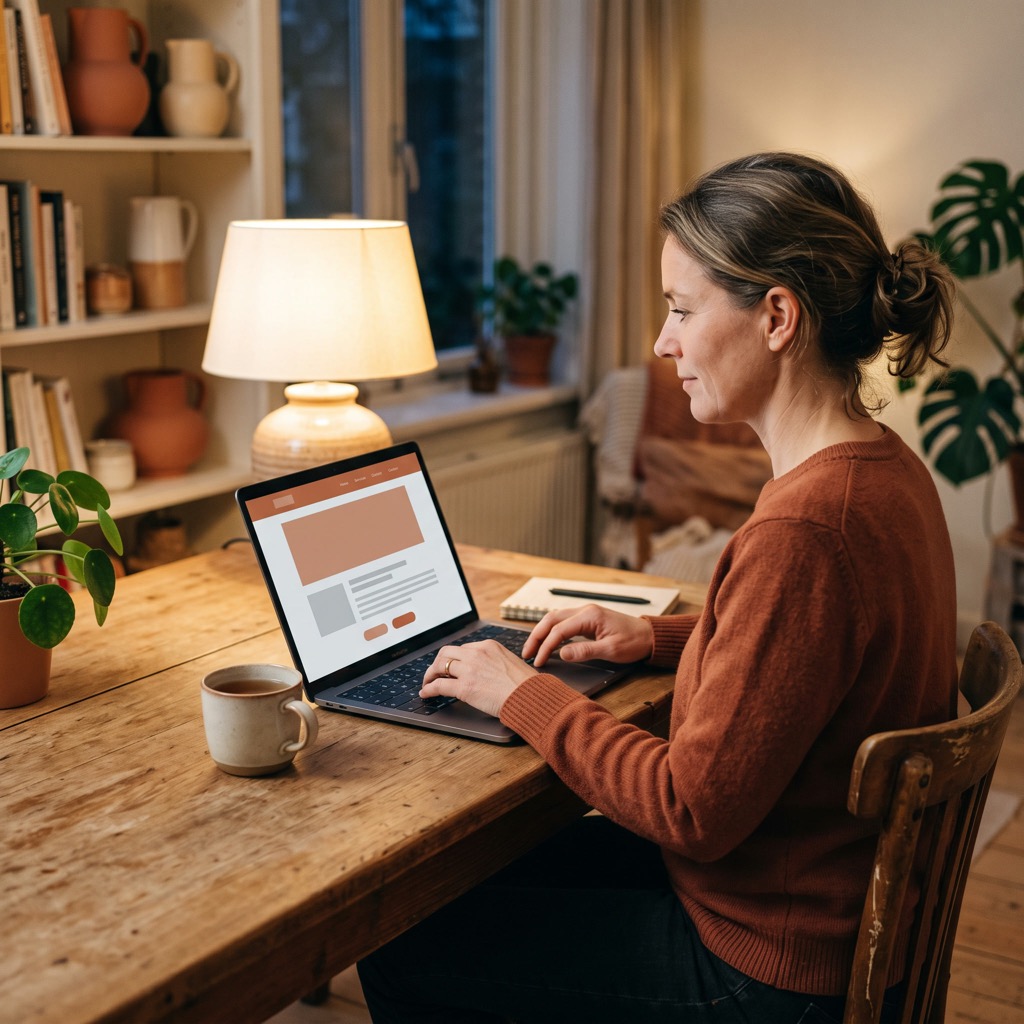 Ondernemer bekijkt 's avonds aan de keukentafel zijn eigen website op een laptop