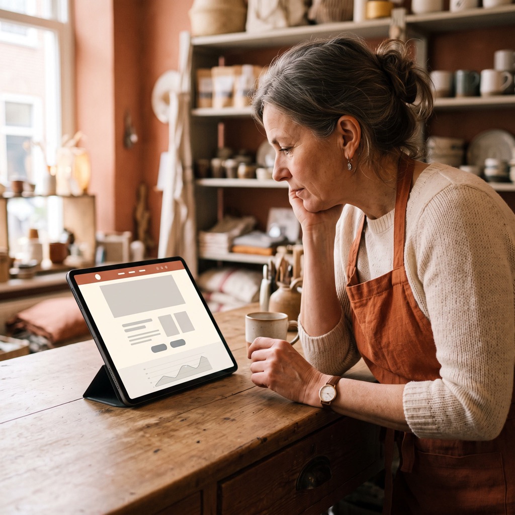 Ondernemer bekijkt bezoekersstatistieken van zijn website op een tablet