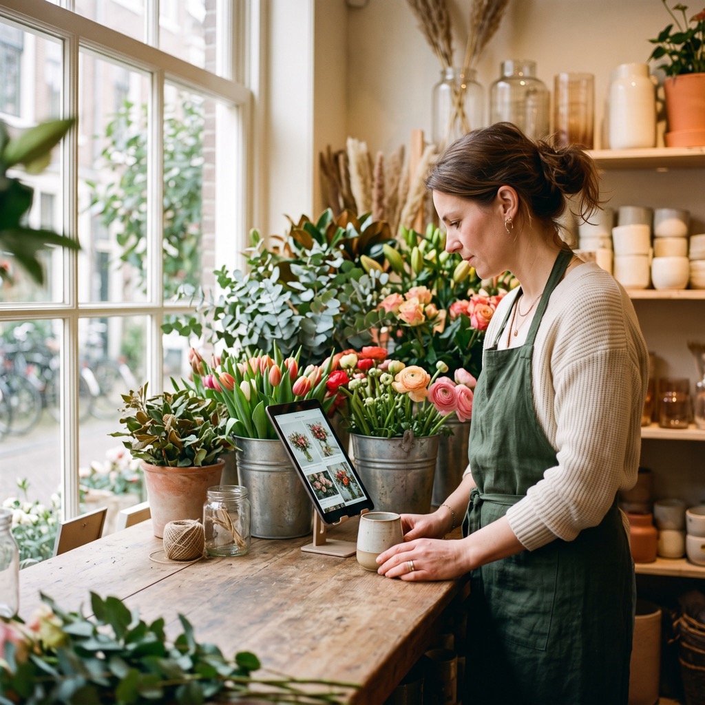Bloemiste bekijkt van opzij een tablet op de toonbank van haar winkel tussen emmers met bloemen