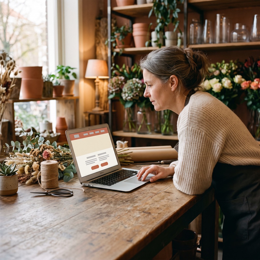 Winkelier bekijkt de eigen website op een laptop op de toonbank van een bloemenwinkel
