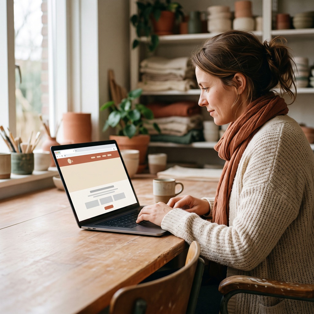 Ondernemer controleert het slotje van de nieuwe website op een laptop vlak voor de livegang