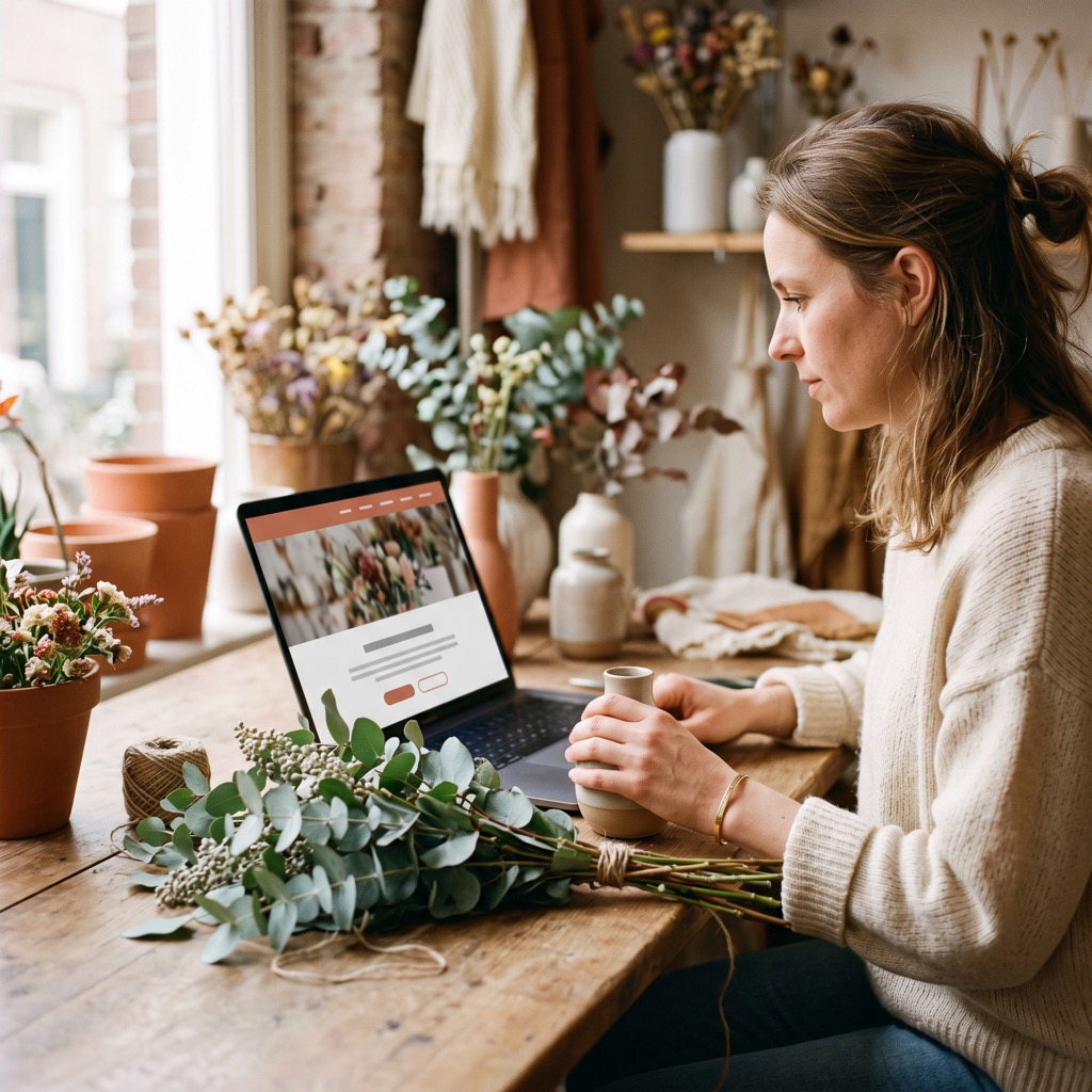 Bloemiste bekijkt haar eigen website op een laptop in haar winkel