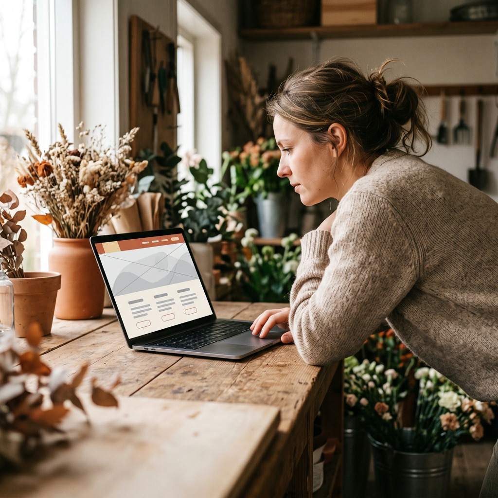 Ondernemer bekijkt de eigen website op een laptop tussen het werk door