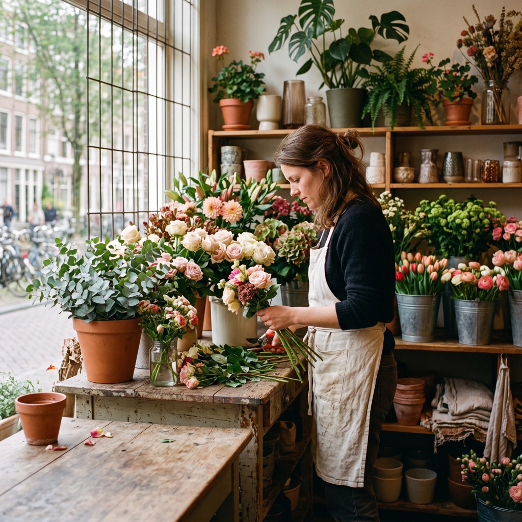 Bloemist van opzij aan het werk achter de toonbank in een kleine winkel met emmers bloemen