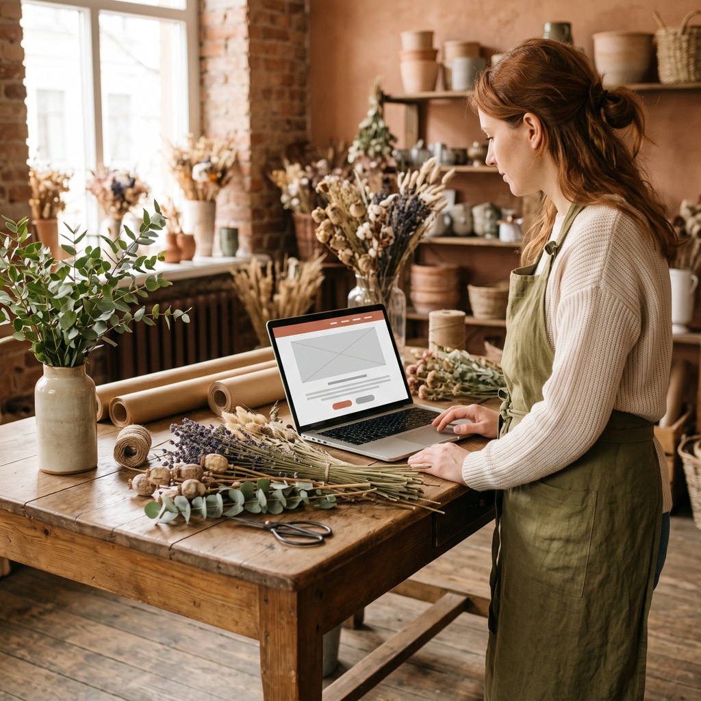 Ondernemer in haar bloemenwinkel bekijkt haar website op een laptop op de werktafel
