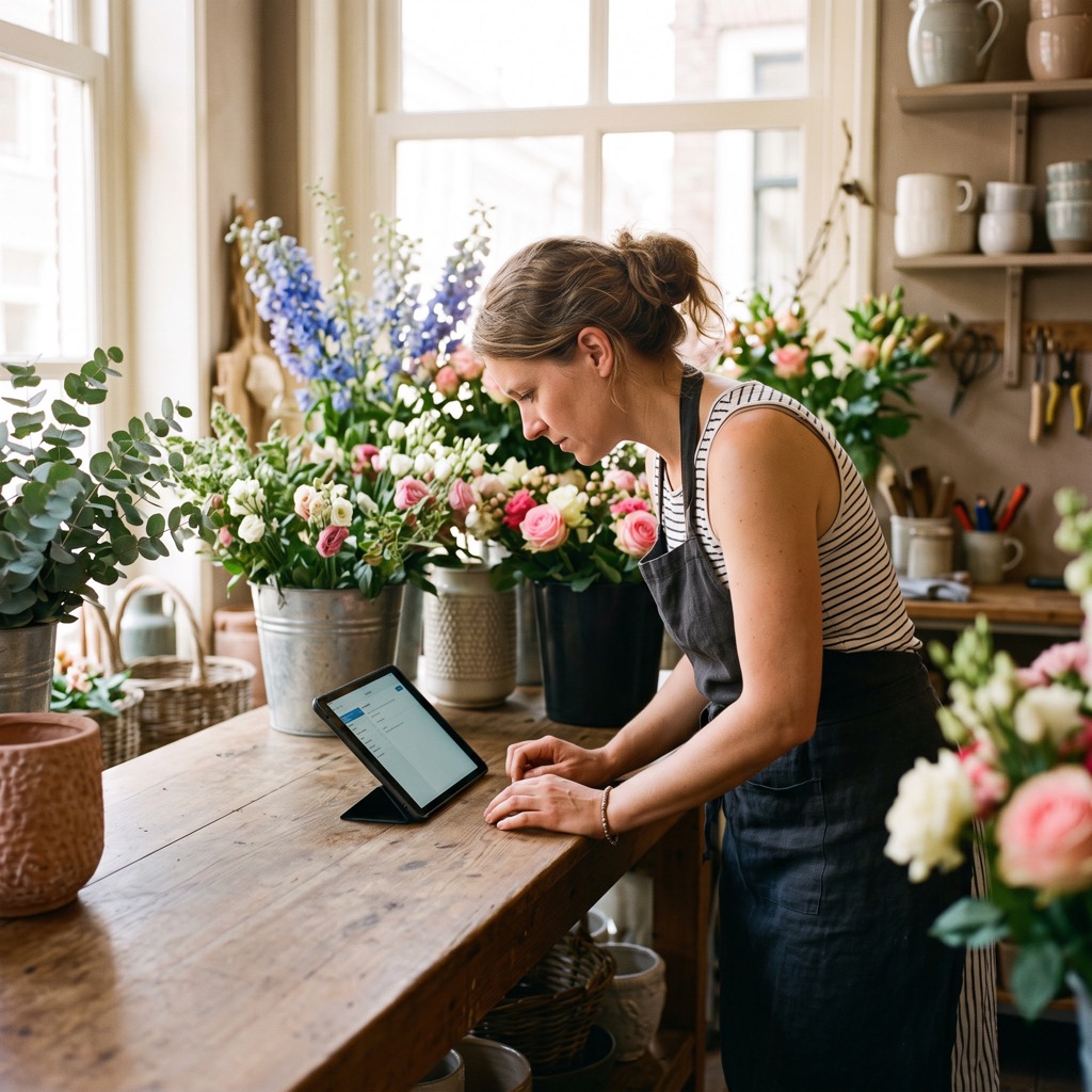 Bloemiste bekijkt een tablet op de toonbank van haar winkel tussen emmers met bloemen
