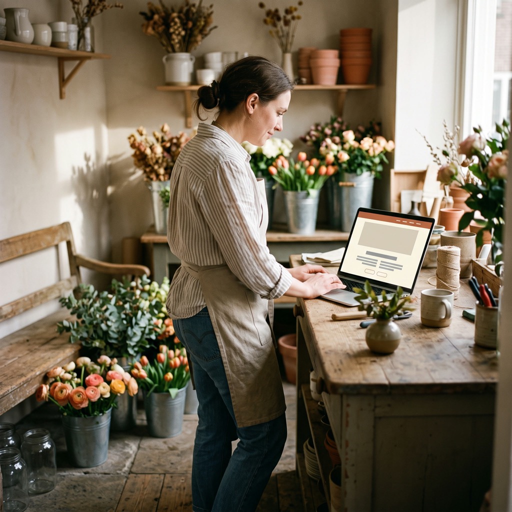 Bloemiste achter de toonbank van haar winkel kijkt naar haar website op een laptop