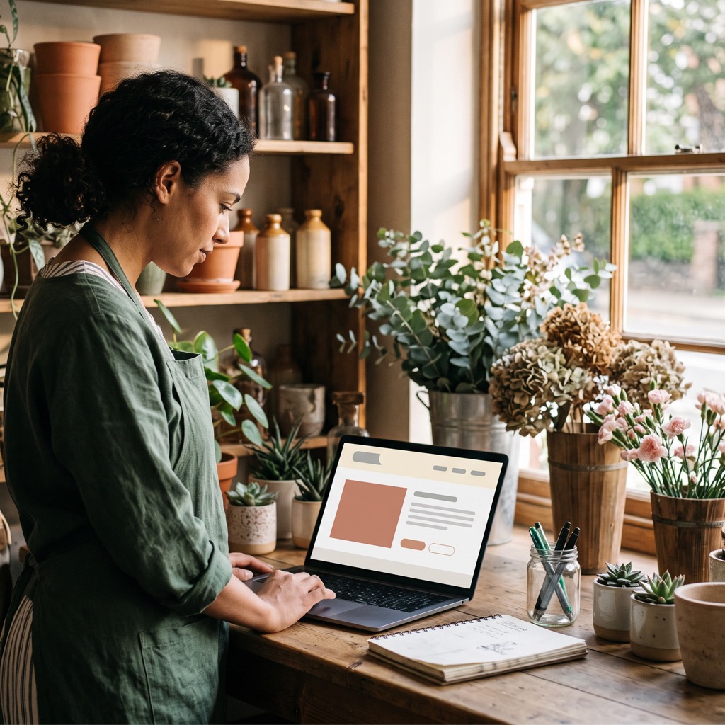 Ondernemer in een bloemenwinkel bekijkt van opzij de eigen website op een laptop op de toonbank