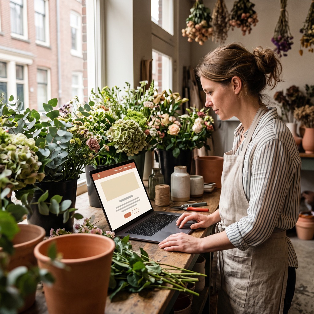 Bloemiste bekijkt haar eigen website op een laptop op de toonbank van haar winkel