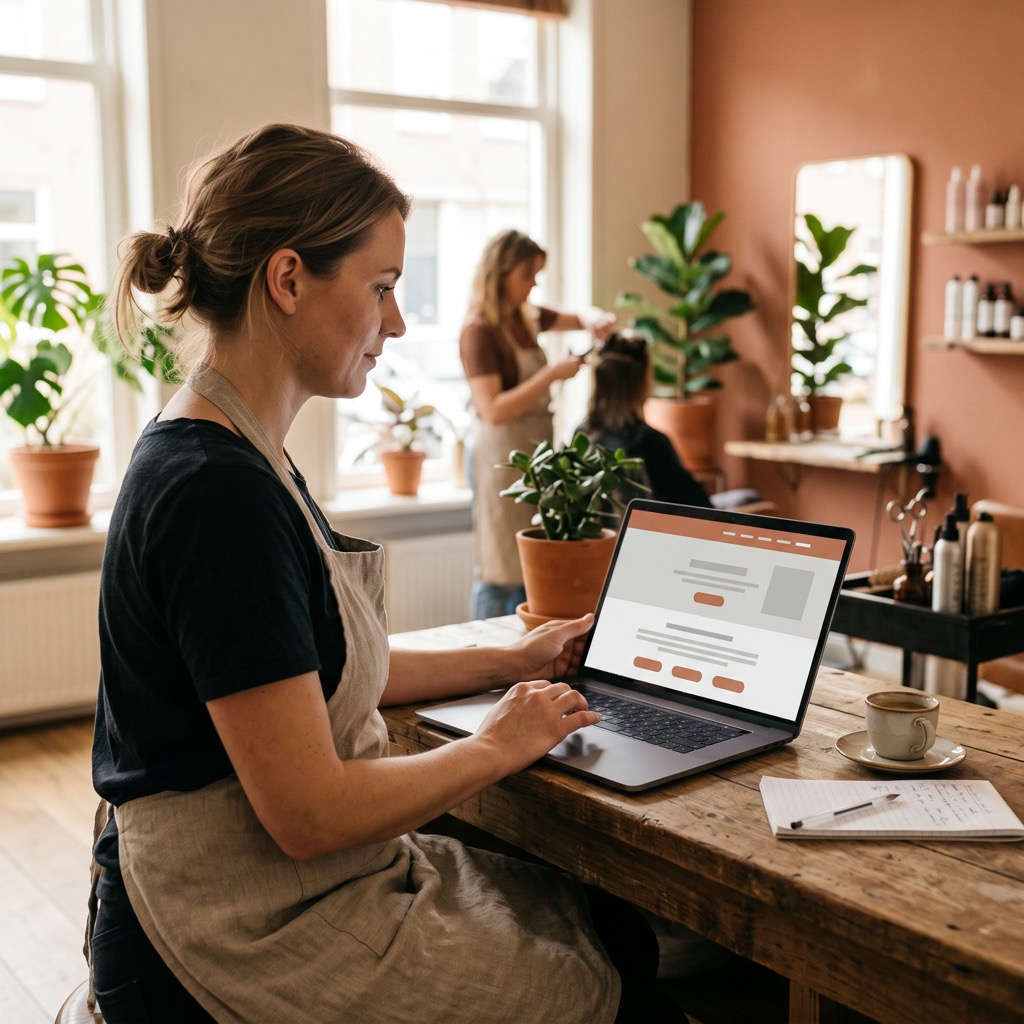 Kapper kijkt aan de balie van de salon naar de eigen website op een laptop, met een notitieblok ernaast