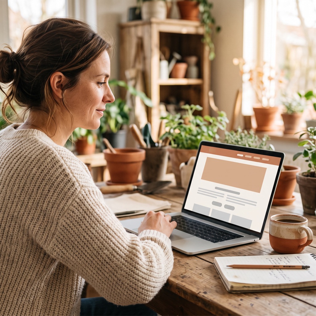 Ondernemer aan een houten bureau bekijkt de eigen website op een laptop in een lichte werkruimte
