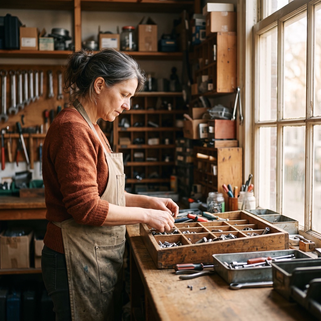 Ondernemer in een kleine werkplaats sorteert gereedschap op de toonbank bij daglicht