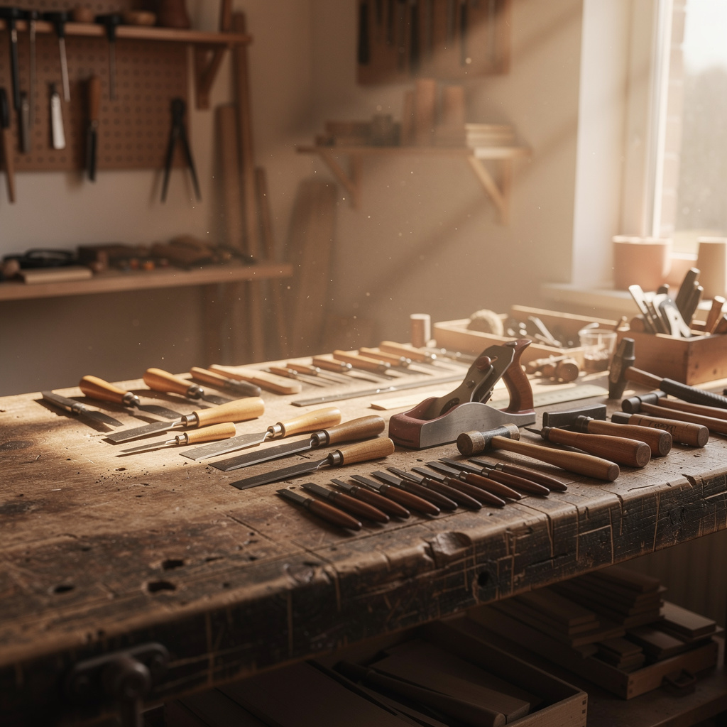 Overzichtelijke werkplaats met gereedschap netjes uitgestald op een houten werkbank in warm zijlicht