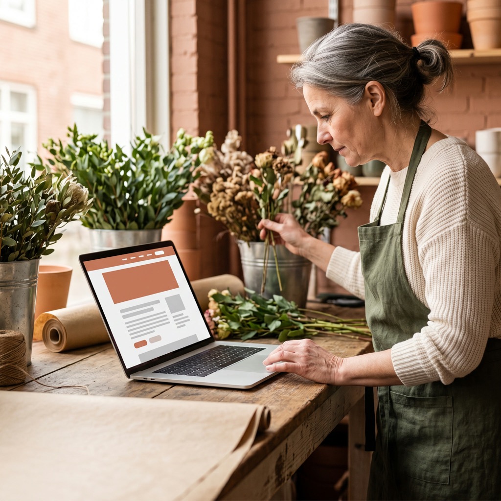 Bloemiste bekijkt haar eigen website op een laptop in haar winkel