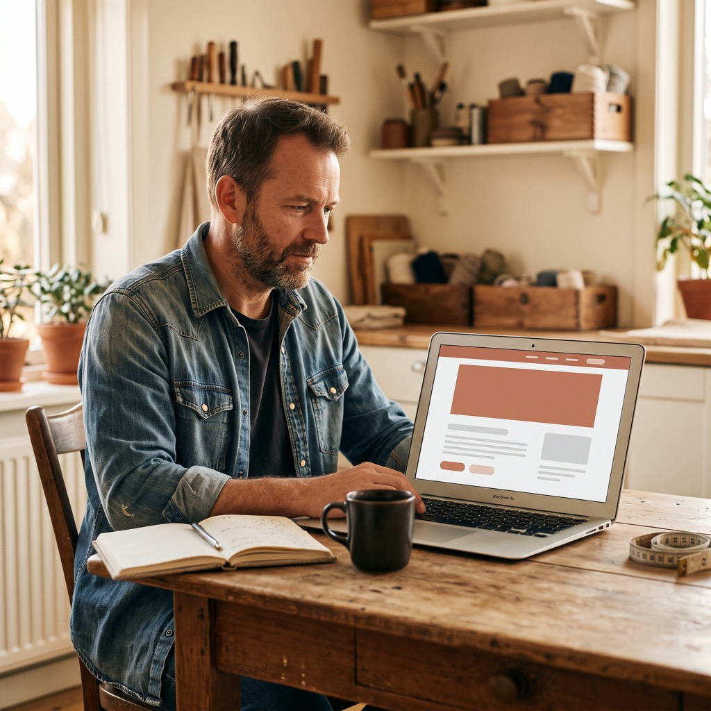 Ondernemer aan een houten tafel bekijkt zijn eigen website op een laptop, het scherm is naar de kijker gedraaid