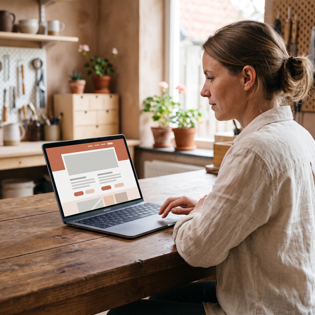 Ondernemer bekijkt de eigen website op een laptop tijdens het voorbereiden van een overstap naar een nieuwe websitebouwer