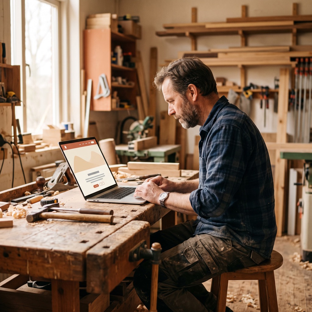 Vakman in zijn werkplaats kijkt naar zijn eigen website op een laptop