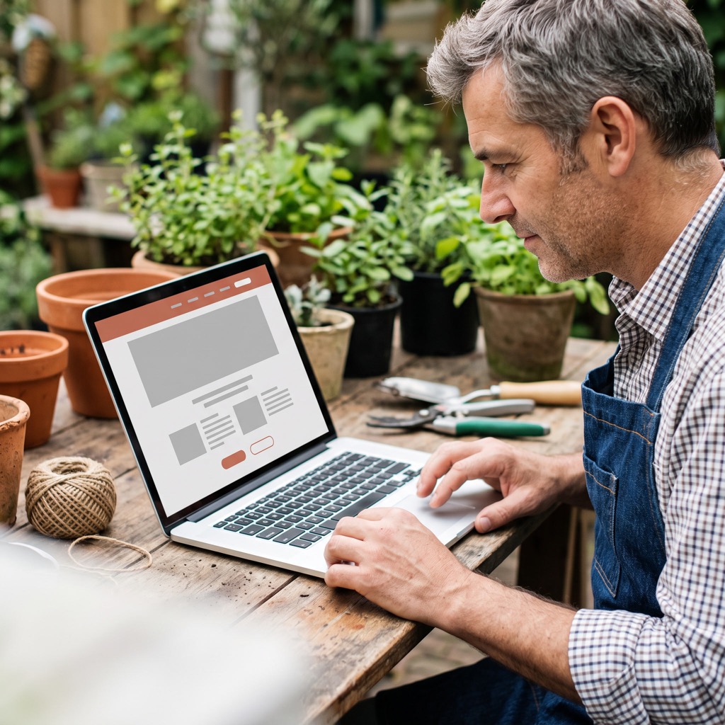 Ondernemer bekijkt zijn eigen websitetekst op een laptop in een werkomgeving