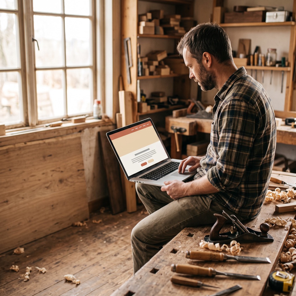 Vakman in zijn werkplaats kijkt naar zijn eigen website op een laptop tussen zijn gereedschap