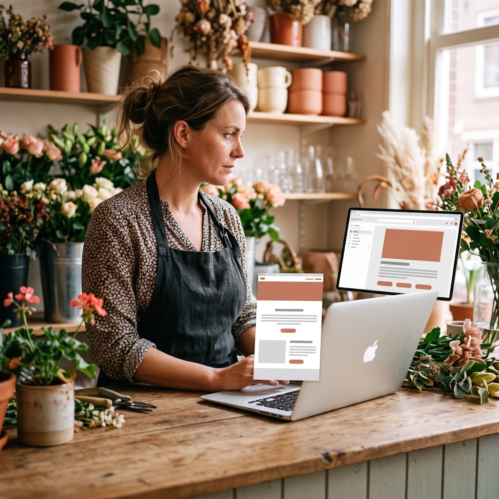 Ondernemer bekijkt e-mail en website op een laptop achter de balie