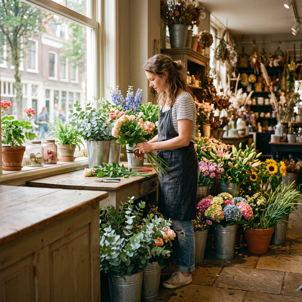 Bloemiste werkt van opzij gezien aan de toonbank van haar winkel bij een zonnig raam