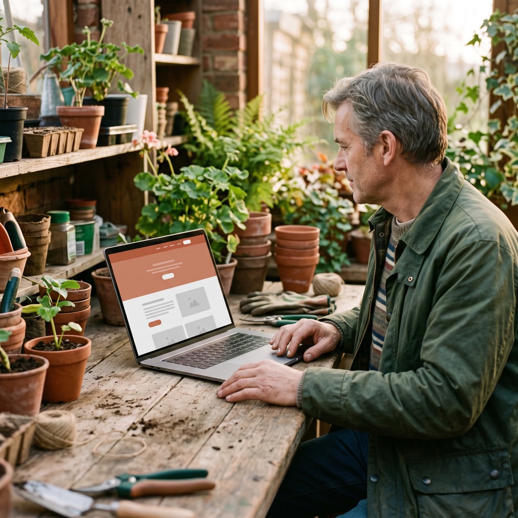 Ondernemer bekijkt de eigen website op een laptop in een werkplaats
