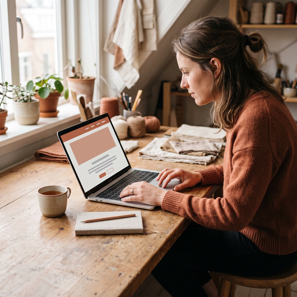 Ondernemer bekijkt de opbouw van zijn website op een laptop