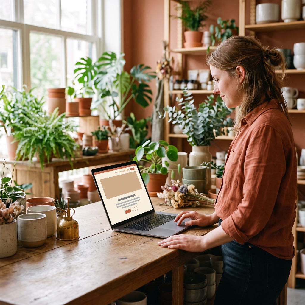 Winkeleigenaar achter de toonbank bekijkt van opzij de eigen website op een laptop