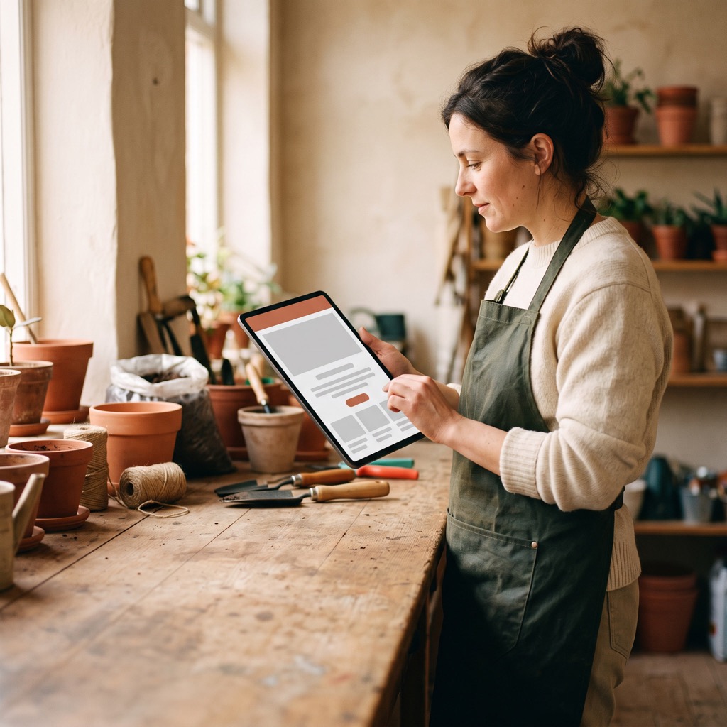 Hovenier in een werkplaats kijkt op een tablet naar de eigen website, met gereedschap en planten op de werkbank