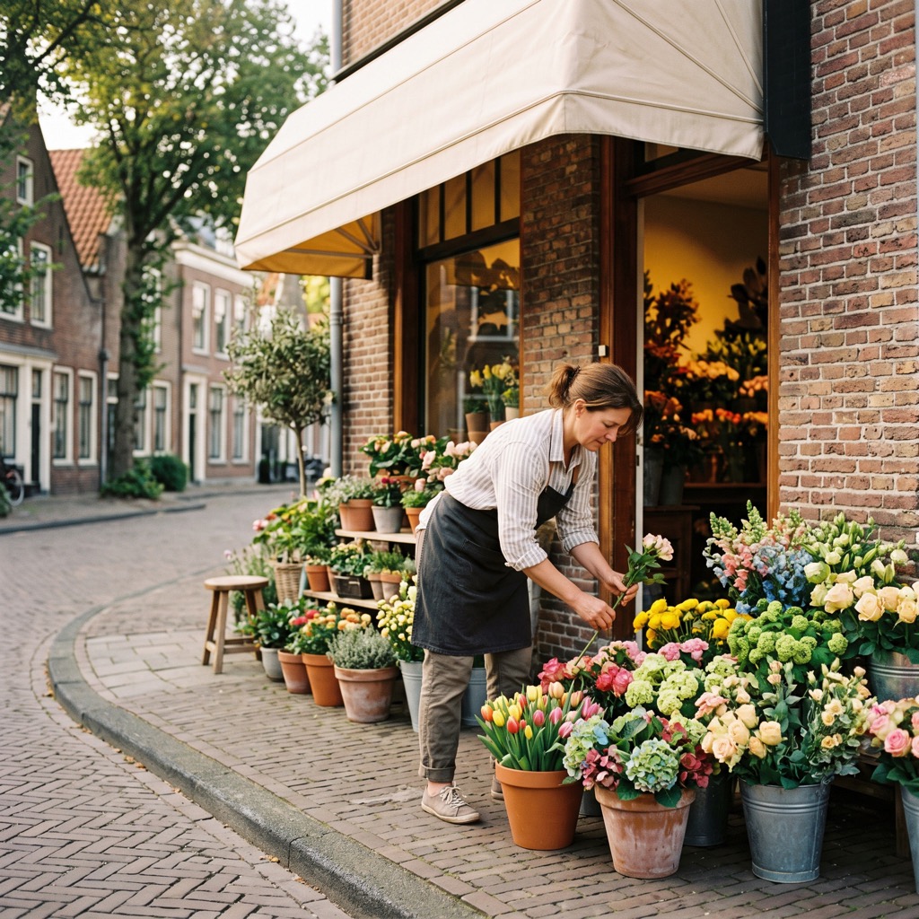 Bloemist zet emmers met bloemen buiten voor de winkelingang in het ochtendlicht